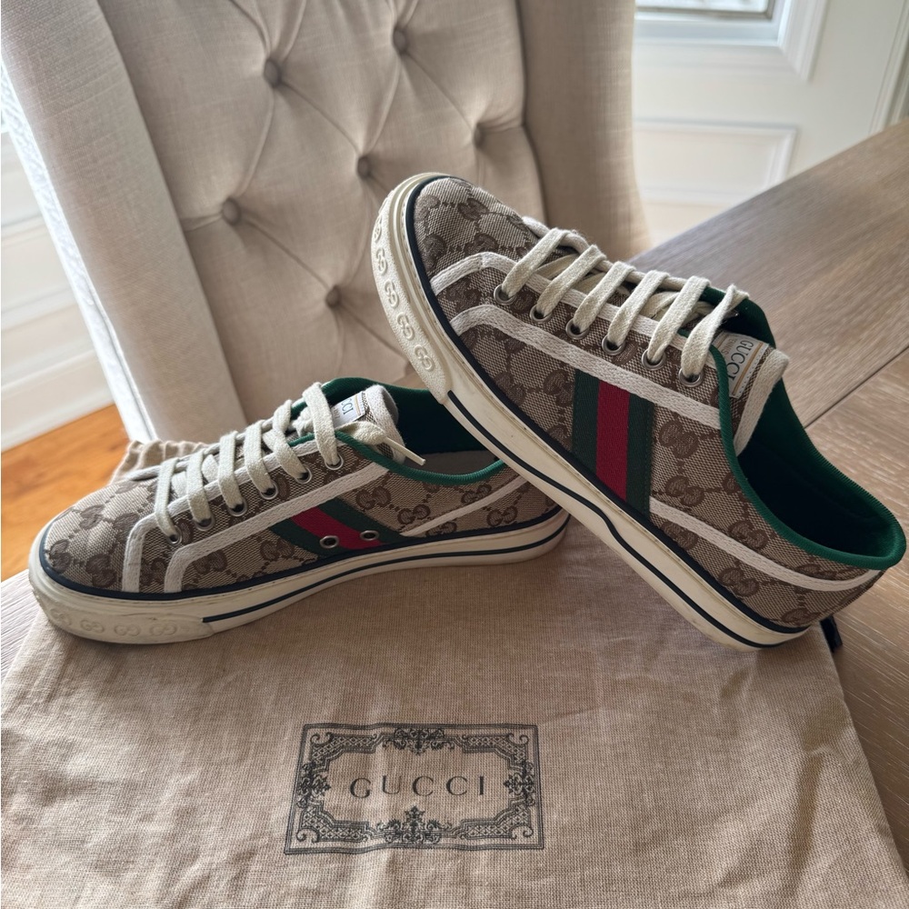 Gucci Beige GG Canvas Sneakers with Green & Red Web Stripe